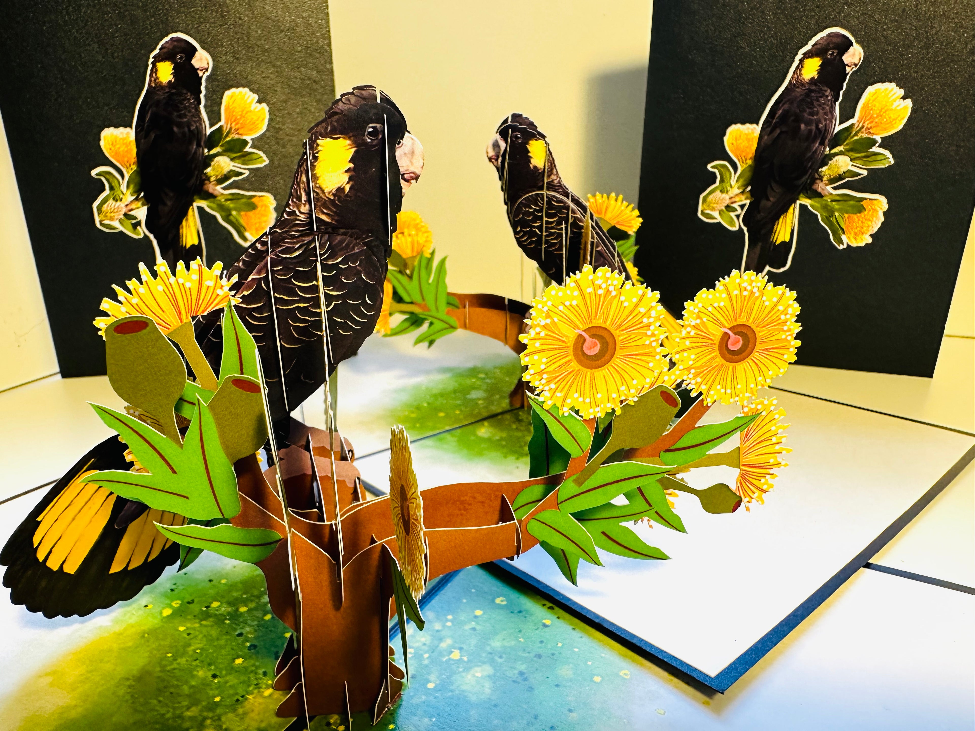 Yellow-Tailed Black Cockatoo with Golden Gum Blossoms - Australian Bird Origami Pop Cards 3D Pop Up Greeting Card Happy Birthday Thank You Handmade Gift Thinking of You Blank Card for Any Occasion Happy Mother's Day Happy Father's Australiana Birds