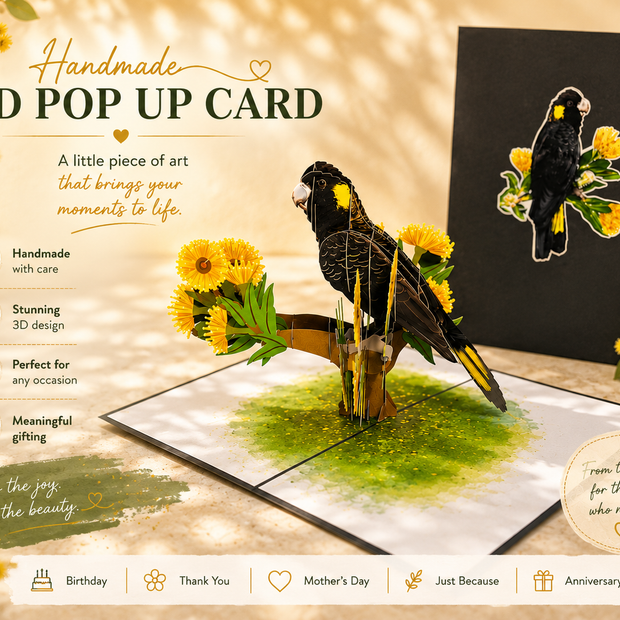 Yellow-Tailed Black Cockatoo with Golden Gum Blossoms - Australian Bird Origami Pop Cards 3D Pop Up Greeting Card Happy Birthday Thank You Handmade Gift Thinking of You Blank Card for Any Occasion Happy Mother's Day Happy Father's Australiana Birds