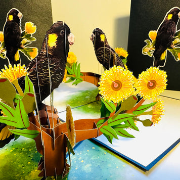 Yellow-Tailed Black Cockatoo with Golden Gum Blossoms - Australian Bird Origami Pop Cards 3D Pop Up Greeting Card Happy Birthday Thank You Handmade Gift Thinking of You Blank Card for Any Occasion Happy Mother's Day Happy Father's Australiana Birds