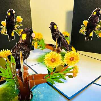 Yellow-Tailed Black Cockatoo with Golden Gum Blossoms - Australian Bird Origami Pop Cards 3D Pop Up Greeting Card Happy Birthday Thank You Handmade Gift Thinking of You Blank Card for Any Occasion Happy Mother's Day Happy Father's Australiana Birds