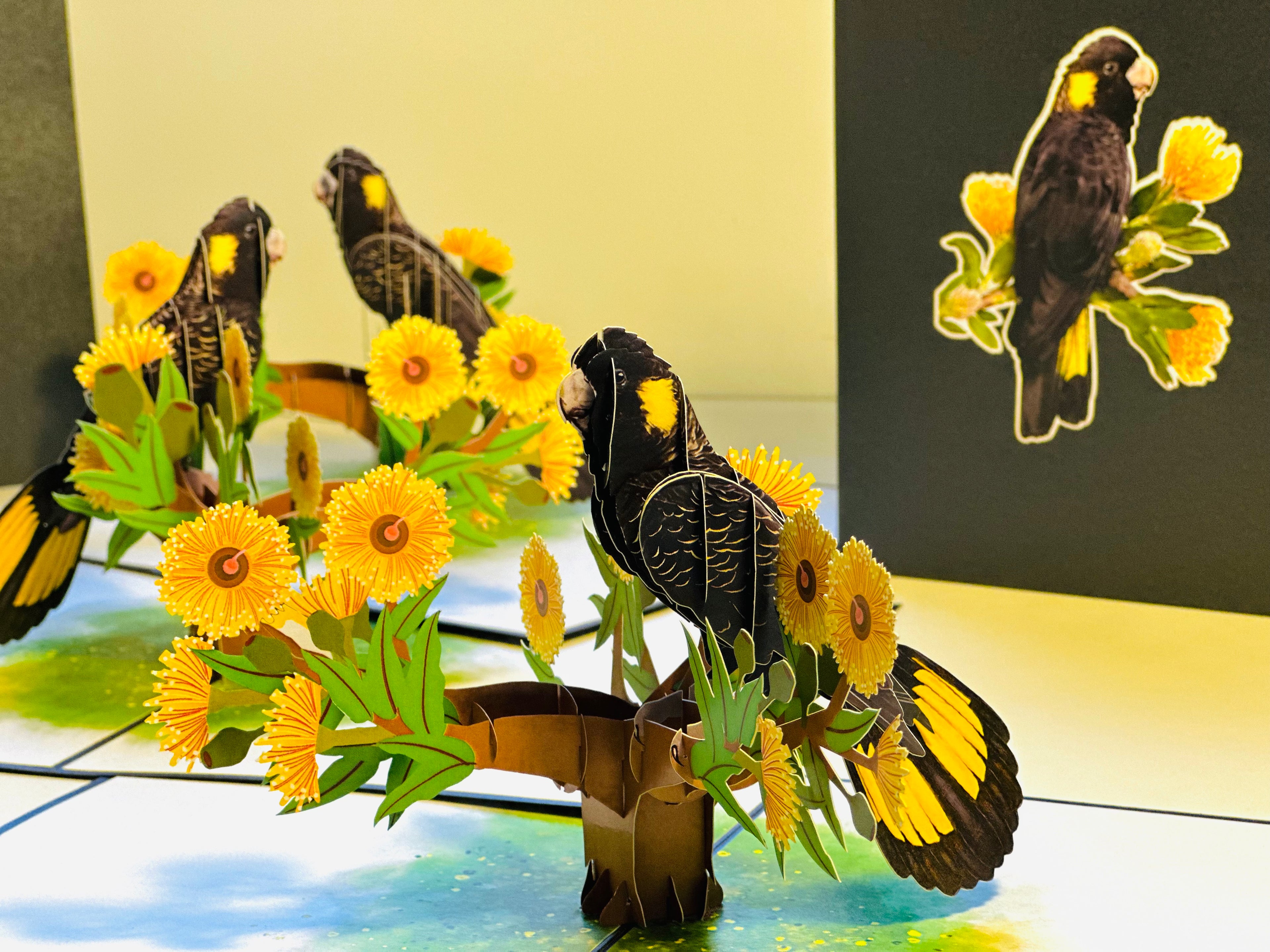 Yellow-Tailed Black Cockatoo with Golden Gum Blossoms - Australian Bird Origami Pop Cards 3D Pop Up Greeting Card Happy Birthday Thank You Handmade Gift Thinking of You Blank Card for Any Occasion Happy Mother's Day Happy Father's Australiana Birds