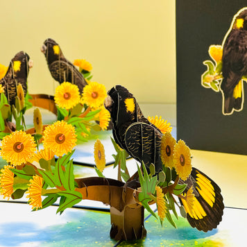 Yellow-Tailed Black Cockatoo with Golden Gum Blossoms - Australian Bird Origami Pop Cards 3D Pop Up Greeting Card Happy Birthday Thank You Handmade Gift Thinking of You Blank Card for Any Occasion Happy Mother's Day Happy Father's Australiana Birds