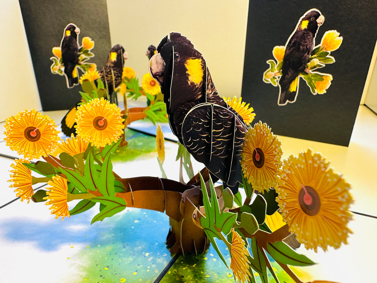Yellow-Tailed Black Cockatoo with Golden Gum Blossoms - Australian Bird Origami Pop Cards 3D Pop Up Greeting Card Happy Birthday Thank You Handmade Gift Thinking of You Blank Card for Any Occasion Happy Mother's Day Happy Father's Australiana Birds