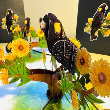 Yellow-Tailed Black Cockatoo with Golden Gum Blossoms - Australian Bird Origami Pop Cards 3D Pop Up Greeting Card Happy Birthday Thank You Handmade Gift Thinking of You Blank Card for Any Occasion Happy Mother's Day Happy Father's Australiana Birds