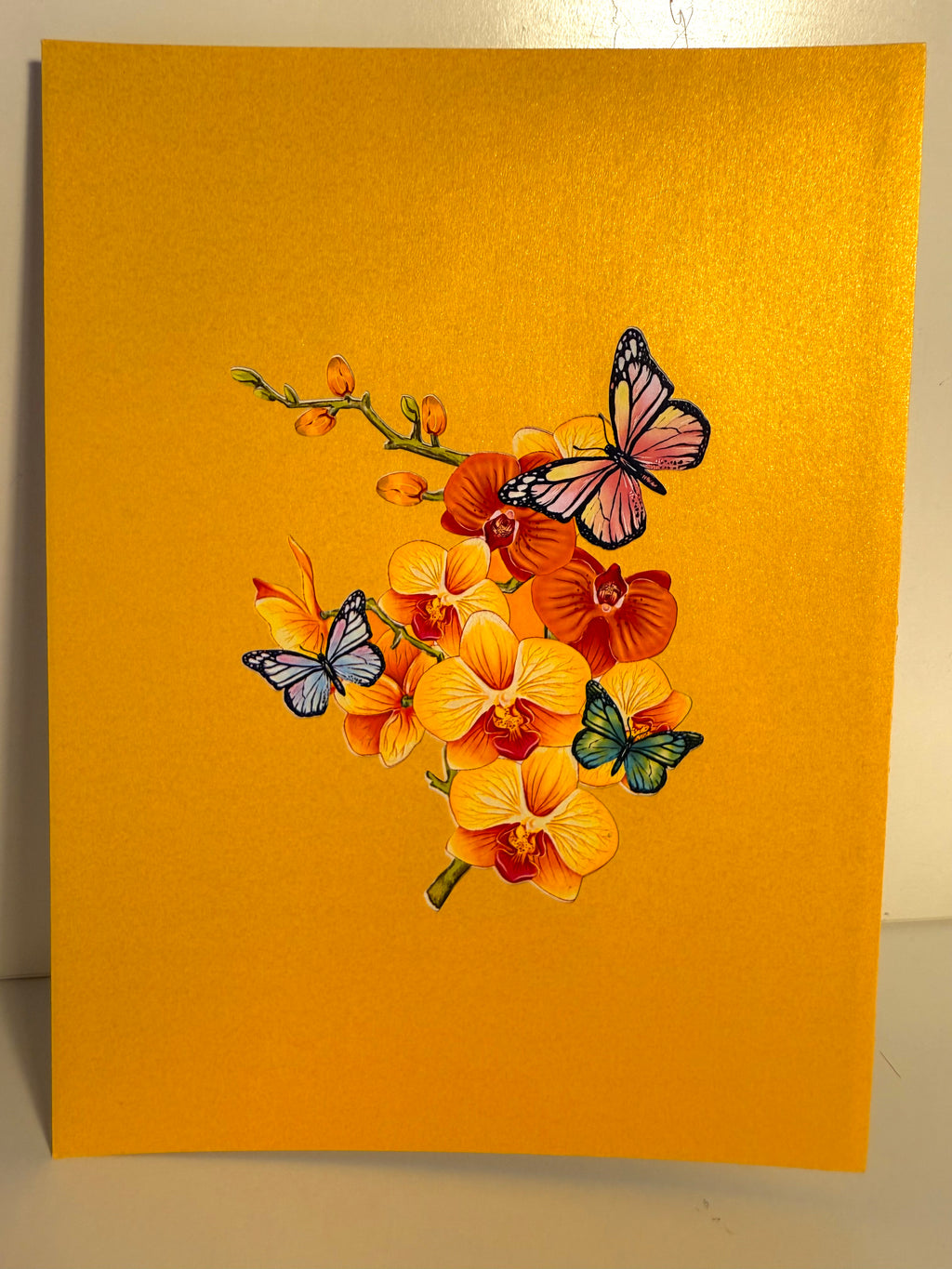 Yellow Golden Orchid Garden with Butterflies Origami Pop Cards 3D Pop Up Greeting Card Best Wishes Happy Birthday Thank You Handmade Best Wishes Blank Card for Any Occasion Happy Mother's Day Happy Father's Day Celebrate The Beauty of Flower and Nature