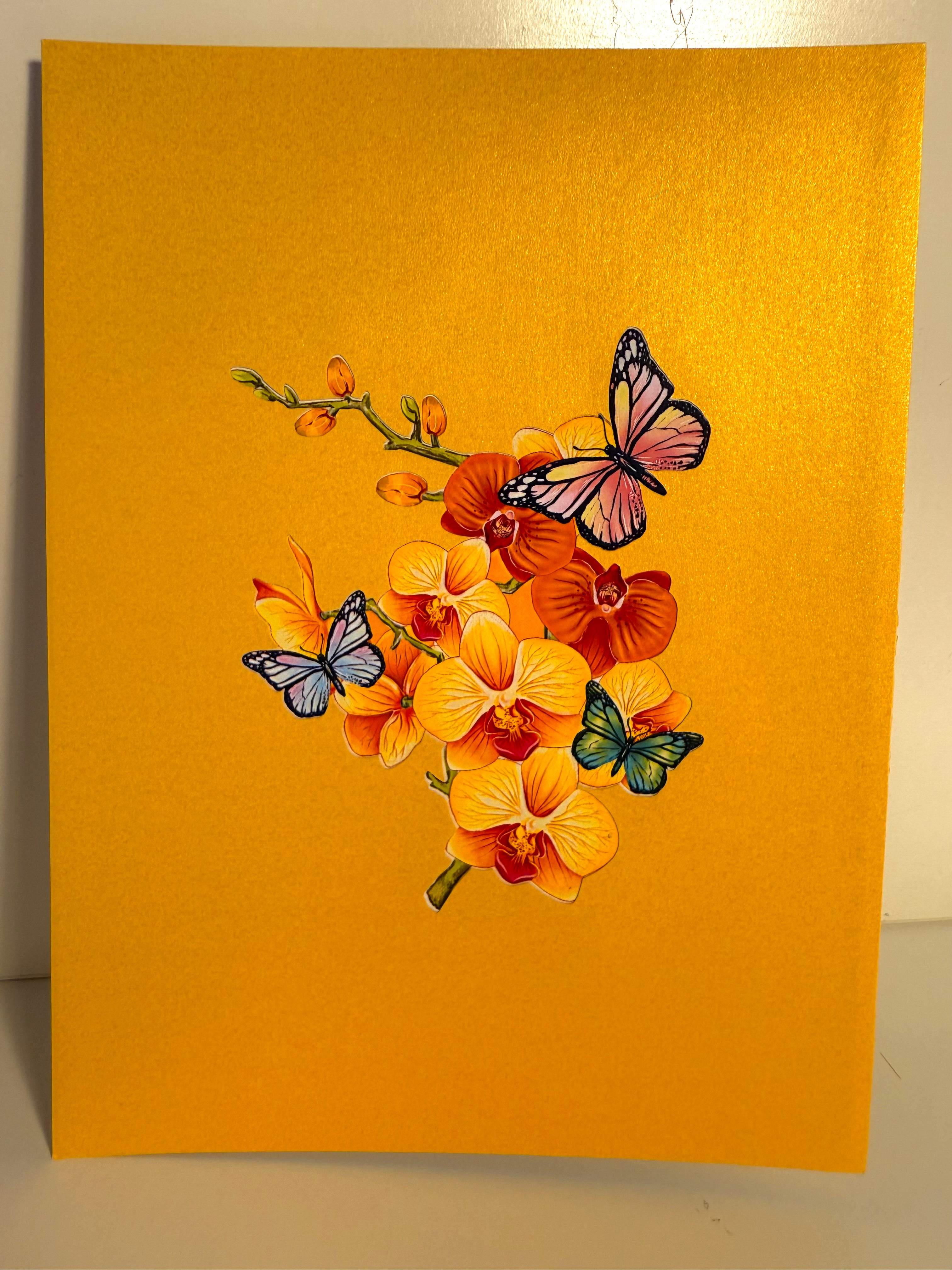 Yellow Golden Orchid Garden with Butterflies Origami Pop Cards 3D Pop Up Greeting Card Best Wishes Happy Birthday Thank You Handmade Best Wishes Blank Card for Any Occasion Happy Mother's Day Happy Father's Day Celebrate The Beauty of Flower and Nature