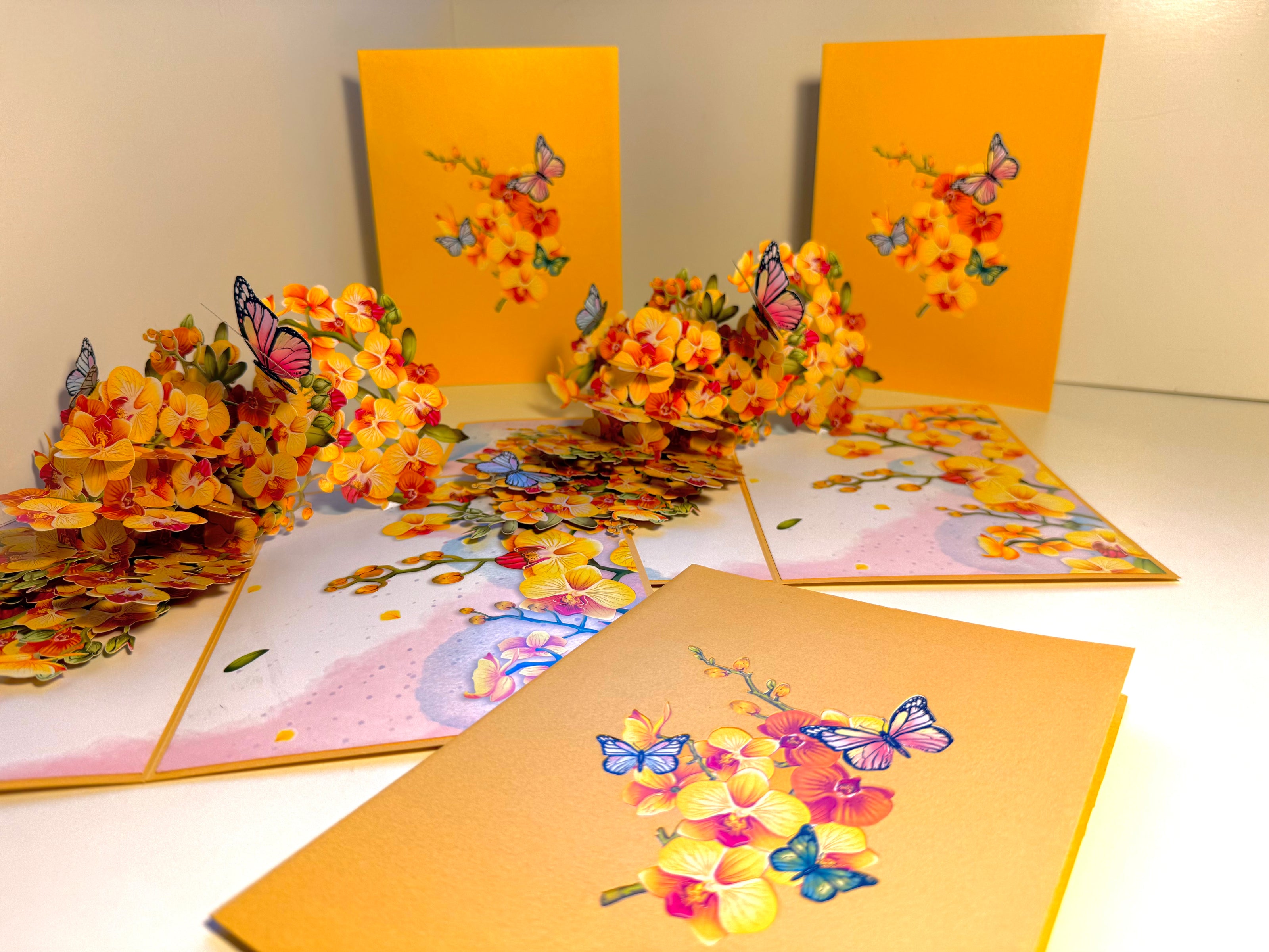 Yellow Golden Orchid Garden with Butterflies Origami Pop Cards 3D Pop Up Greeting Card Best Wishes Happy Birthday Thank You Handmade Best Wishes Blank Card for Any Occasion Happy Mother's Day Happy Father's Day Celebrate The Beauty of Flower and Nature