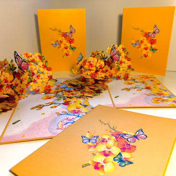 Yellow Golden Orchid Garden with Butterflies Origami Pop Cards 3D Pop Up Greeting Card Best Wishes Happy Birthday Thank You Handmade Best Wishes Blank Card for Any Occasion Happy Mother's Day Happy Father's Day Celebrate The Beauty of Flower and Nature