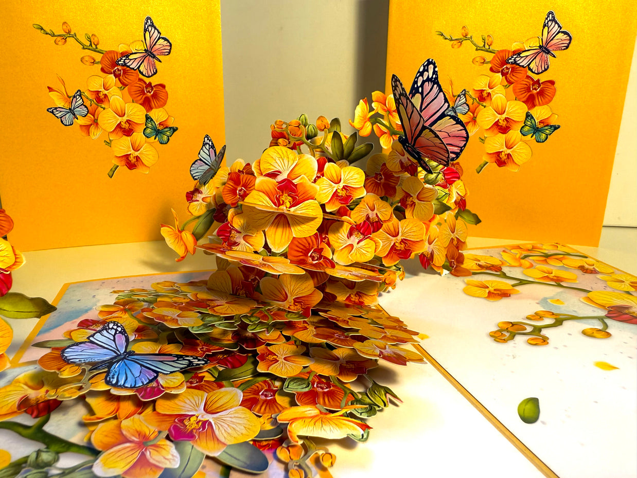 Yellow Golden Orchid Garden with Butterflies Origami Pop Cards 3D Pop Up Greeting Card Best Wishes Happy Birthday Thank You Handmade Best Wishes Blank Card for Any Occasion Happy Mother's Day Happy Father's Day Celebrate The Beauty of Flower and Nature