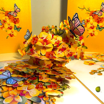 Yellow Golden Orchid Garden with Butterflies Origami Pop Cards 3D Pop Up Greeting Card Best Wishes Happy Birthday Thank You Handmade Best Wishes Blank Card for Any Occasion Happy Mother's Day Happy Father's Day Celebrate The Beauty of Flower and Nature
