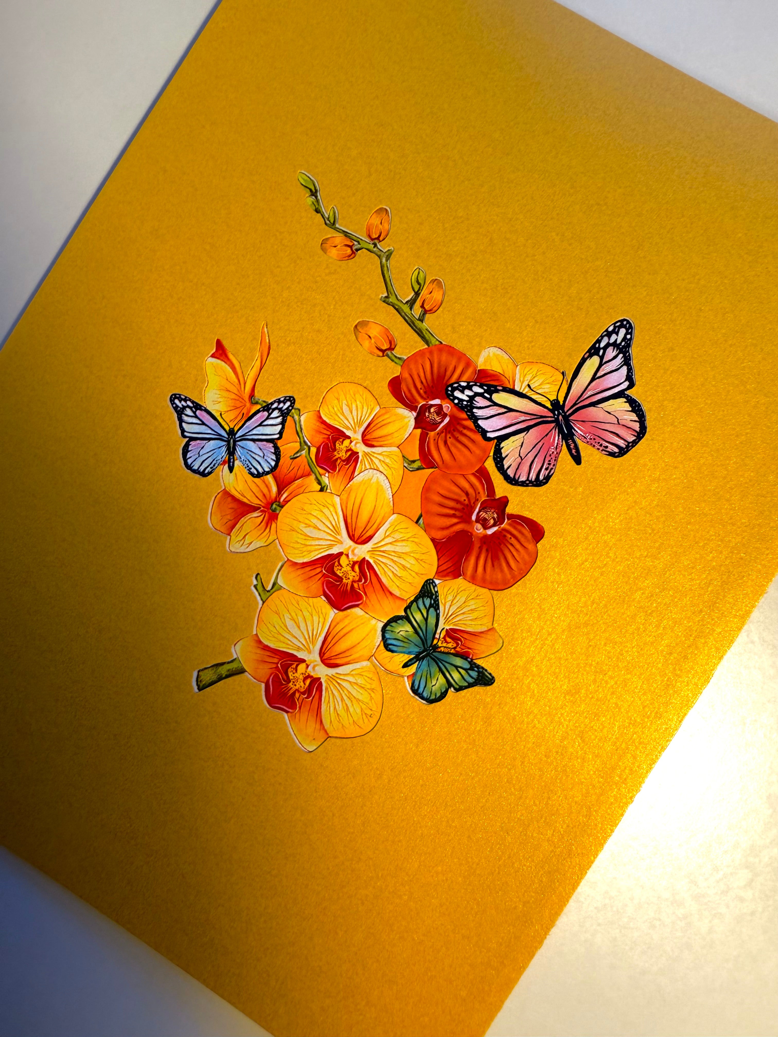 Yellow Golden Orchid Garden with Butterflies Origami Pop Cards 3D Pop Up Greeting Card Best Wishes Happy Birthday Thank You Handmade Best Wishes Blank Card for Any Occasion Happy Mother's Day Happy Father's Day Celebrate The Beauty of Flower and Nature