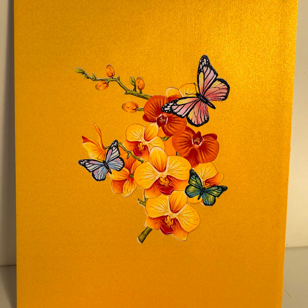 Yellow Golden Orchid Garden with Butterflies Origami Pop Cards 3D Pop Up Greeting Card Best Wishes Happy Birthday Thank You Handmade Best Wishes Blank Card for Any Occasion Happy Mother's Day Happy Father's Day Celebrate The Beauty of Flower and Nature