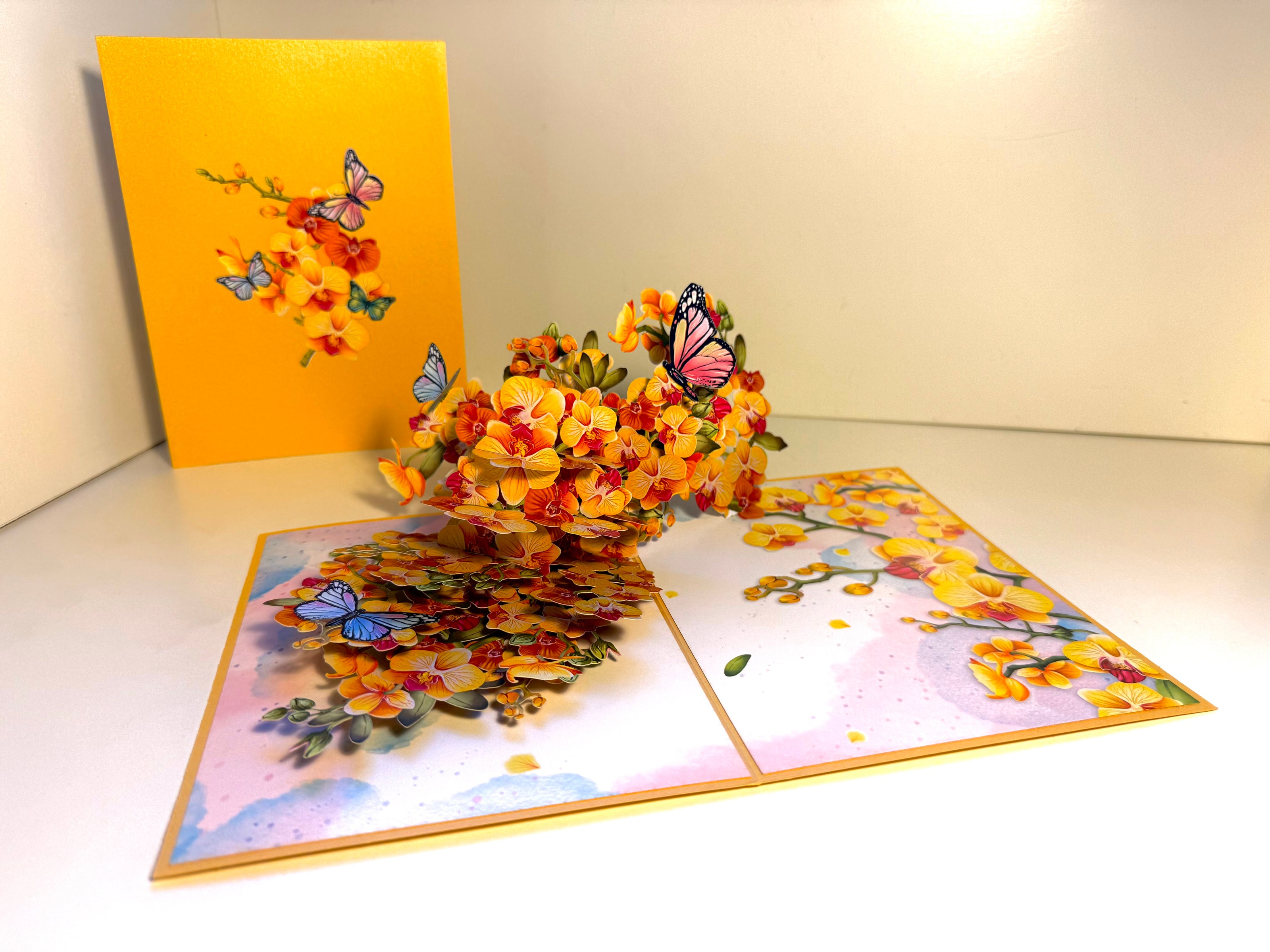Yellow Golden Orchid Garden with Butterflies Origami Pop Cards 3D Pop Up Greeting Card Best Wishes Happy Birthday Thank You Handmade Best Wishes Blank Card for Any Occasion Happy Mother's Day Happy Father's Day Celebrate The Beauty of Flower and Nature