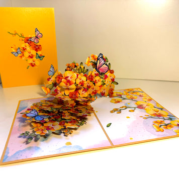 Yellow Golden Orchid Garden with Butterflies Origami Pop Cards 3D Pop Up Greeting Card Best Wishes Happy Birthday Thank You Handmade Best Wishes Blank Card for Any Occasion Happy Mother's Day Happy Father's Day Celebrate The Beauty of Flower and Nature
