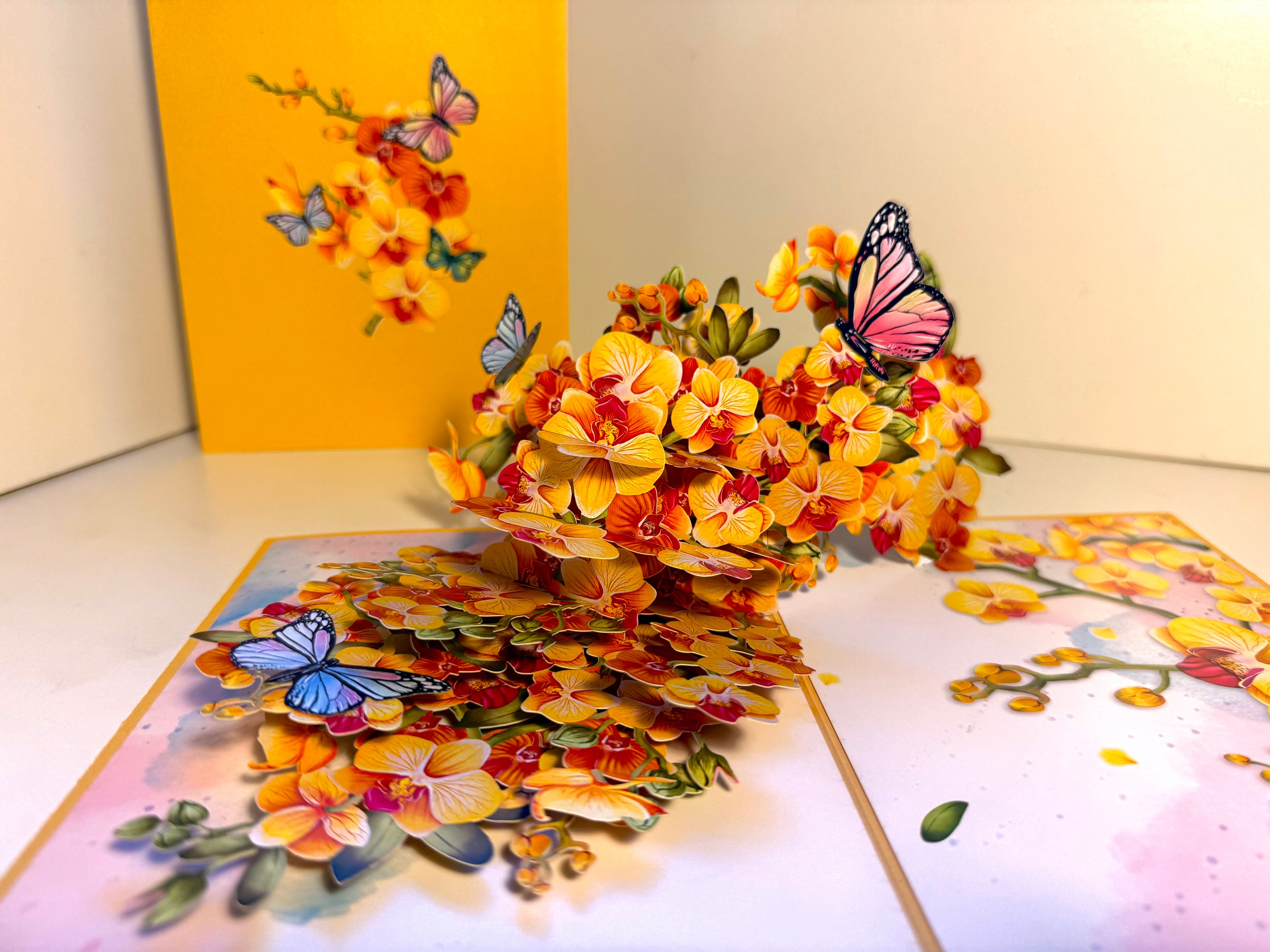 Yellow Golden Orchid Garden with Butterflies Origami Pop Cards 3D Pop Up Greeting Card Best Wishes Happy Birthday Thank You Handmade Best Wishes Blank Card for Any Occasion Happy Mother's Day Happy Father's Day Celebrate The Beauty of Flower and Nature