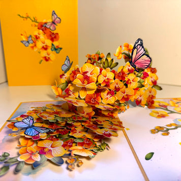 Yellow Golden Orchid Garden with Butterflies Origami Pop Cards 3D Pop Up Greeting Card Best Wishes Happy Birthday Thank You Handmade Best Wishes Blank Card for Any Occasion Happy Mother's Day Happy Father's Day Celebrate The Beauty of Flower and Nature