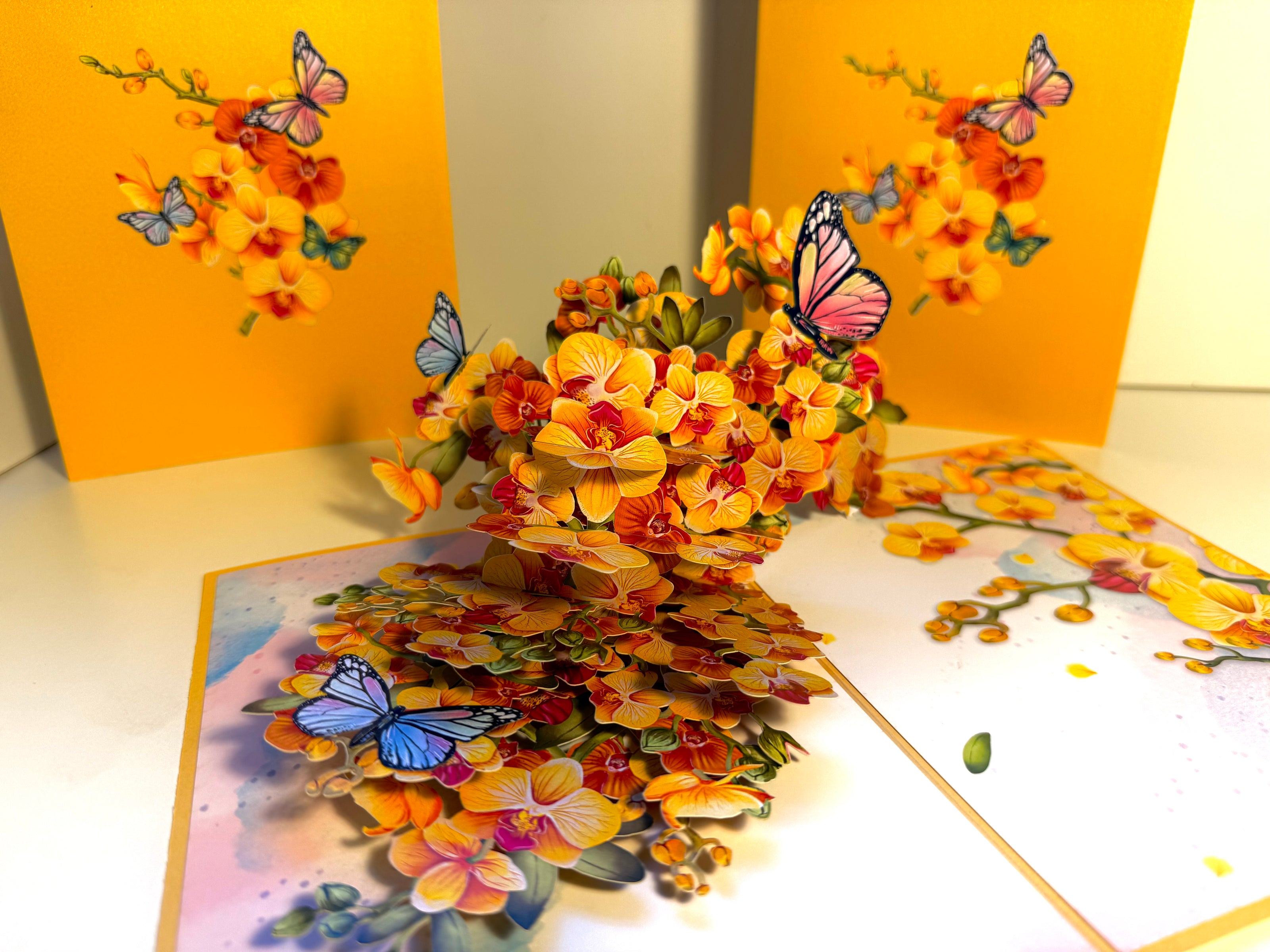 Yellow Golden Orchid Garden with Butterflies Origami Pop Cards 3D Pop Up Greeting Card Best Wishes Happy Birthday Thank You Handmade Best Wishes Blank Card for Any Occasion Happy Mother's Day Happy Father's Day Celebrate The Beauty of Flower and Nature