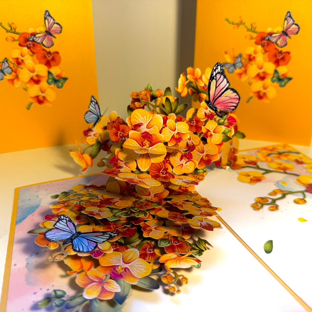 Yellow Golden Orchid Garden with Butterflies Origami Pop Cards 3D Pop Up Greeting Card Best Wishes Happy Birthday Thank You Handmade Best Wishes Blank Card for Any Occasion Happy Mother's Day Happy Father's Day Celebrate The Beauty of Flower and Nature