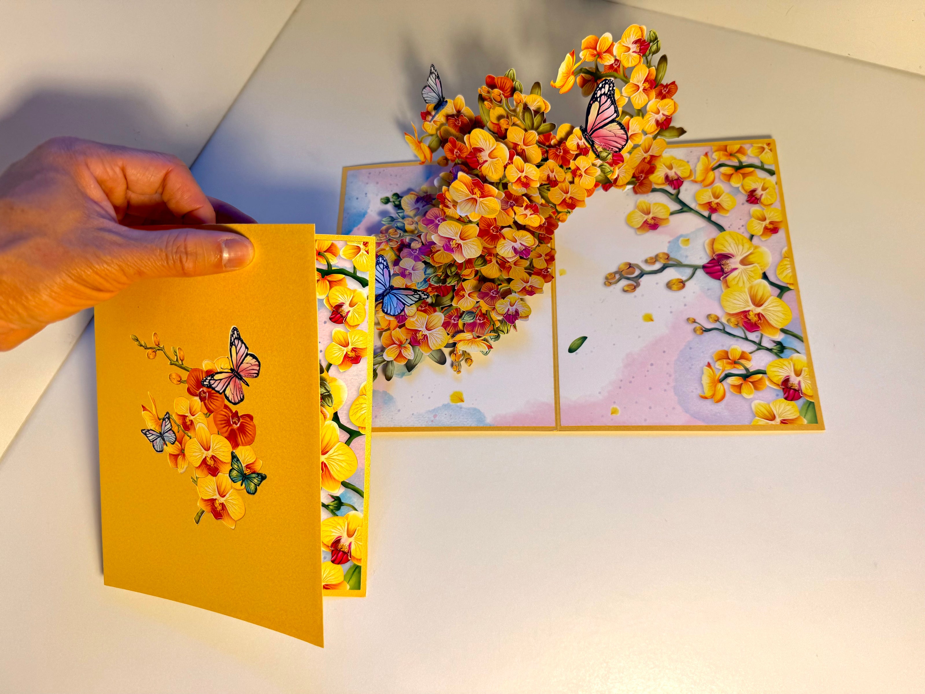 Yellow Golden Orchid Garden with Butterflies Origami Pop Cards 3D Pop Up Greeting Card Best Wishes Happy Birthday Thank You Handmade Best Wishes Blank Card for Any Occasion Happy Mother's Day Happy Father's Day Celebrate The Beauty of Flower and Nature