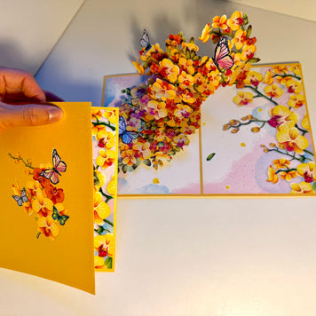 Yellow Golden Orchid Garden with Butterflies Origami Pop Cards 3D Pop Up Greeting Card Best Wishes Happy Birthday Thank You Handmade Best Wishes Blank Card for Any Occasion Happy Mother's Day Happy Father's Day Celebrate The Beauty of Flower and Nature