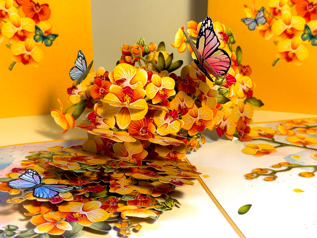 Yellow Golden Orchid Garden with Butterflies Origami Pop Cards 3D Pop Up Greeting Card Best Wishes Happy Birthday Thank You Handmade Best Wishes Blank Card for Any Occasion Happy Mother's Day Happy Father's Day Celebrate The Beauty of Flower and Nature