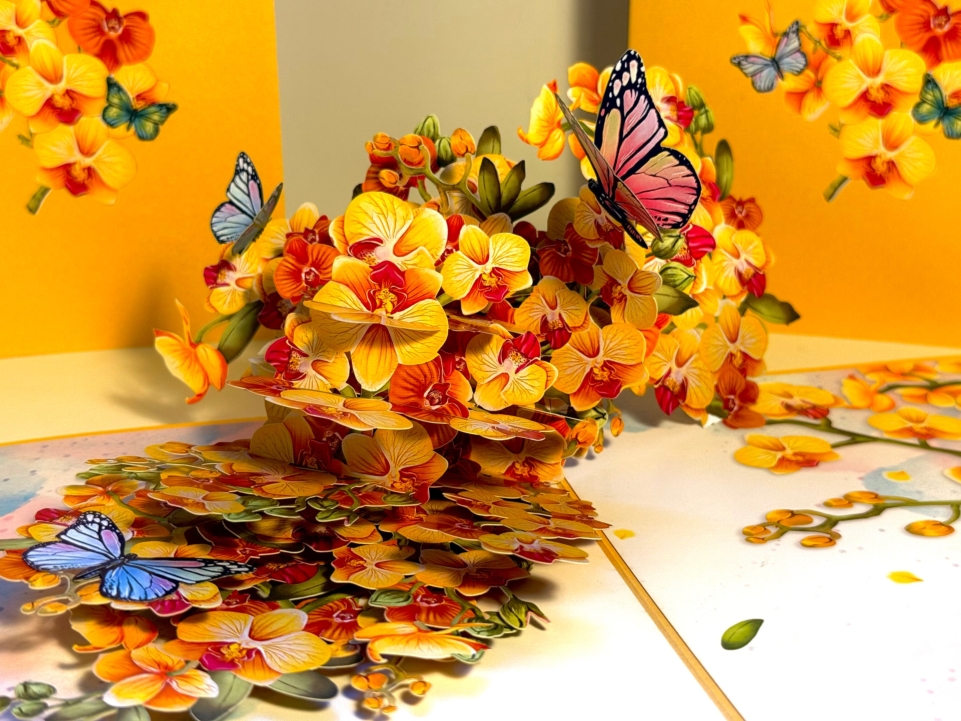 Yellow Golden Orchid Garden with Butterflies Origami Pop Cards 3D Pop Up Greeting Card Best Wishes Happy Birthday Thank You Handmade Best Wishes Blank Card for Any Occasion Happy Mother's Day Happy Father's Day Celebrate The Beauty of Flower and Nature