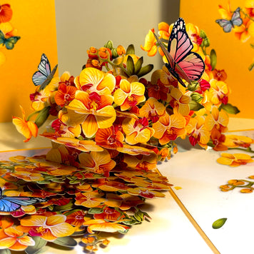 Yellow Golden Orchid Garden with Butterflies Origami Pop Cards 3D Pop Up Greeting Card Best Wishes Happy Birthday Thank You Handmade Best Wishes Blank Card for Any Occasion Happy Mother's Day Happy Father's Day Celebrate The Beauty of Flower and Nature
