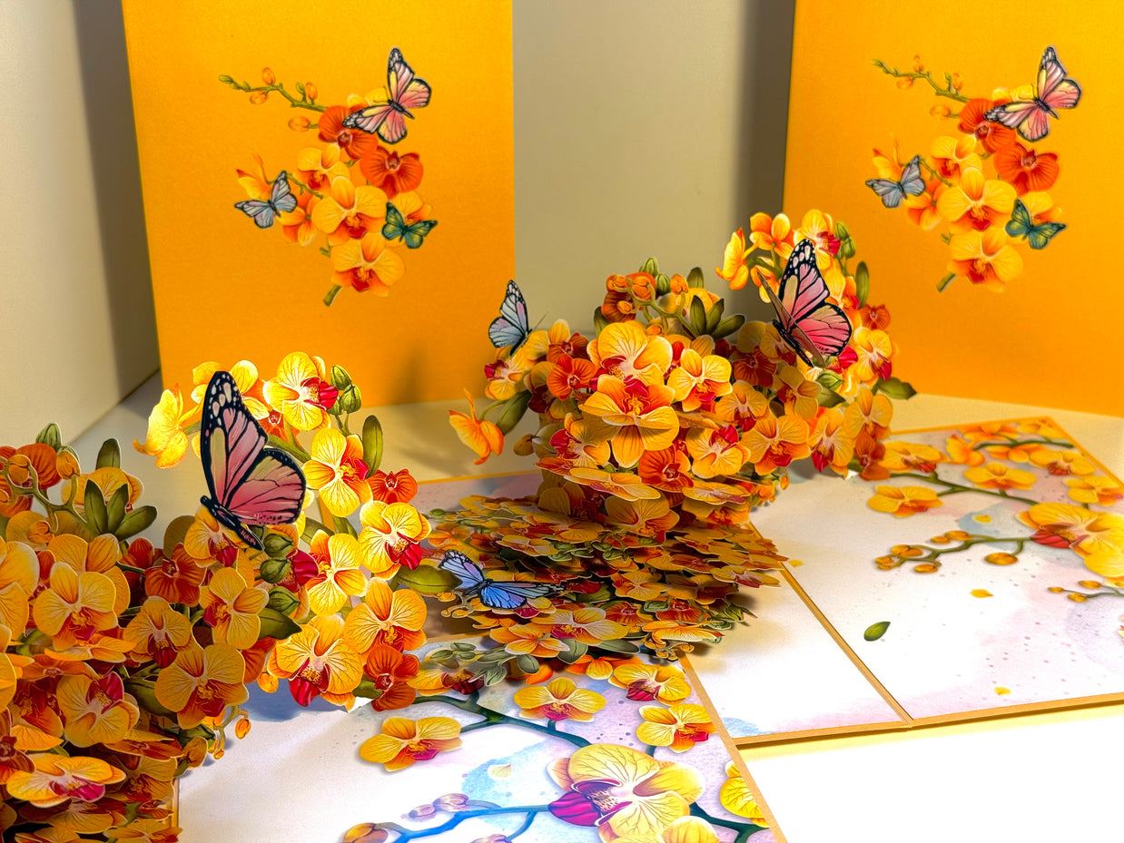 Yellow Golden Orchid Garden with Butterflies Origami Pop Cards 3D Pop Up Greeting Card Best Wishes Happy Birthday Thank You Handmade Best Wishes Blank Card for Any Occasion Happy Mother's Day Happy Father's Day Celebrate The Beauty of Flower and Nature