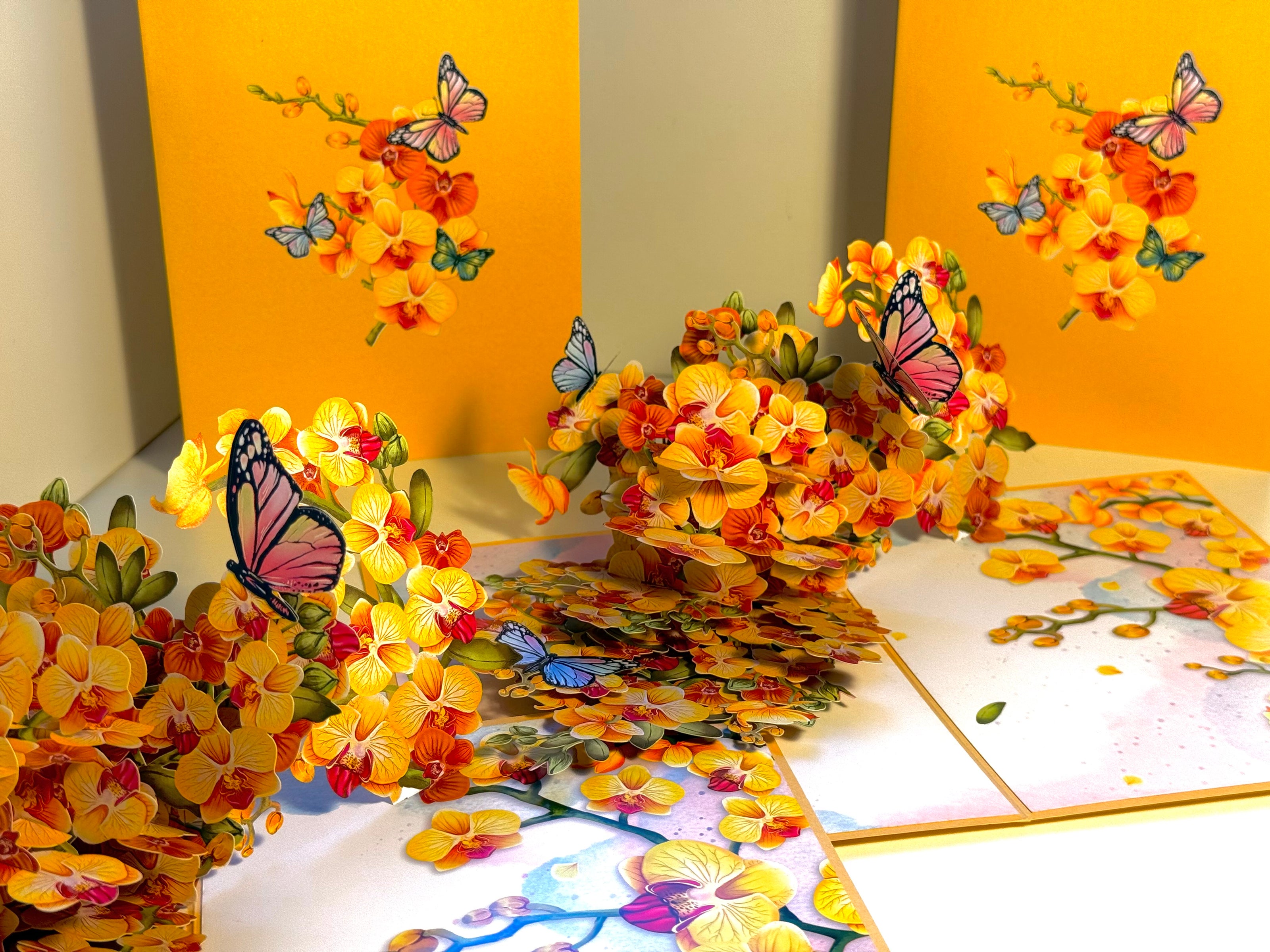 Yellow Golden Orchid Garden with Butterflies Origami Pop Cards 3D Pop Up Greeting Card Best Wishes Happy Birthday Thank You Handmade Best Wishes Blank Card for Any Occasion Happy Mother's Day Happy Father's Day Celebrate The Beauty of Flower and Nature