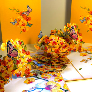 Yellow Golden Orchid Garden with Butterflies Origami Pop Cards 3D Pop Up Greeting Card Best Wishes Happy Birthday Thank You Handmade Best Wishes Blank Card for Any Occasion Happy Mother's Day Happy Father's Day Celebrate The Beauty of Flower and Nature