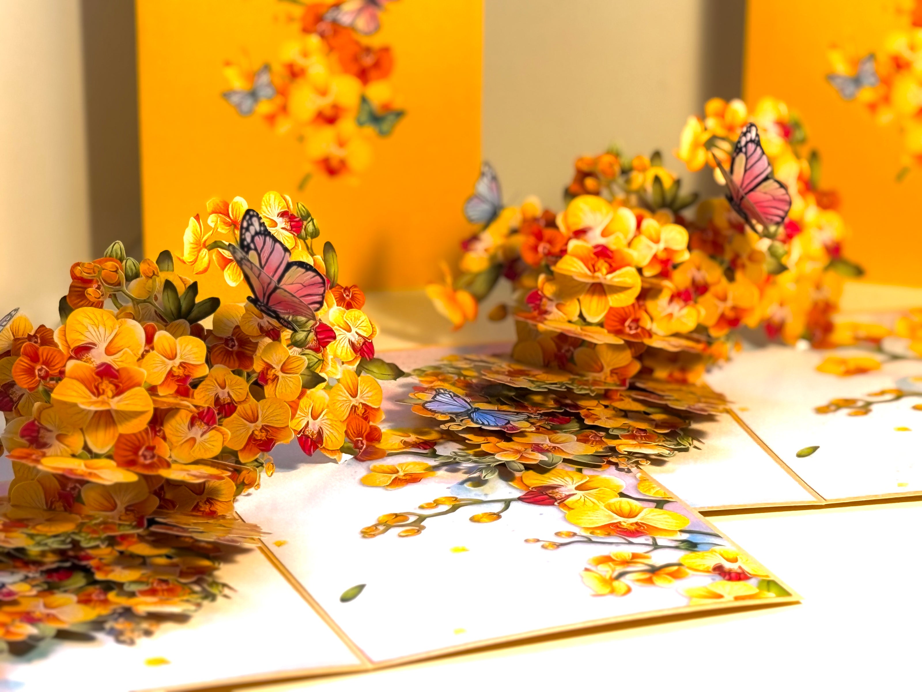Yellow Golden Orchid Garden with Butterflies Origami Pop Cards 3D Pop Up Greeting Card Best Wishes Happy Birthday Thank You Handmade Best Wishes Blank Card for Any Occasion Happy Mother's Day Happy Father's Day Celebrate The Beauty of Flower and Nature