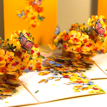 Yellow Golden Orchid Garden with Butterflies Origami Pop Cards 3D Pop Up Greeting Card Best Wishes Happy Birthday Thank You Handmade Best Wishes Blank Card for Any Occasion Happy Mother's Day Happy Father's Day Celebrate The Beauty of Flower and Nature