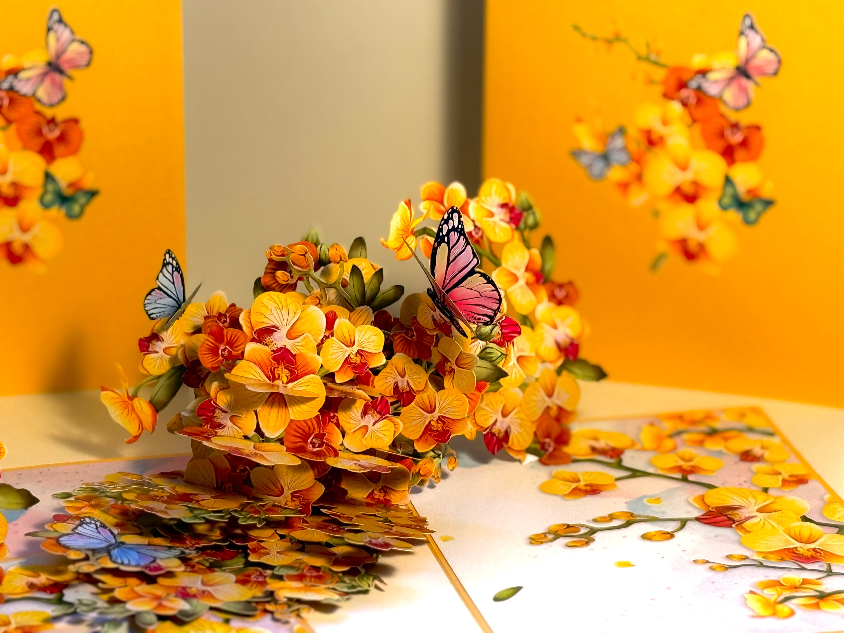 Yellow Golden Orchid Garden with Butterflies Origami Pop Cards 3D Pop Up Greeting Card Best Wishes Happy Birthday Thank You Handmade Best Wishes Blank Card for Any Occasion Happy Mother's Day Happy Father's Day Celebrate The Beauty of Flower and Nature