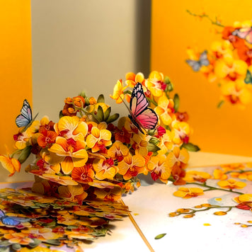 Yellow Golden Orchid Garden with Butterflies Origami Pop Cards 3D Pop Up Greeting Card Best Wishes Happy Birthday Thank You Handmade Best Wishes Blank Card for Any Occasion Happy Mother's Day Happy Father's Day Celebrate The Beauty of Flower and Nature