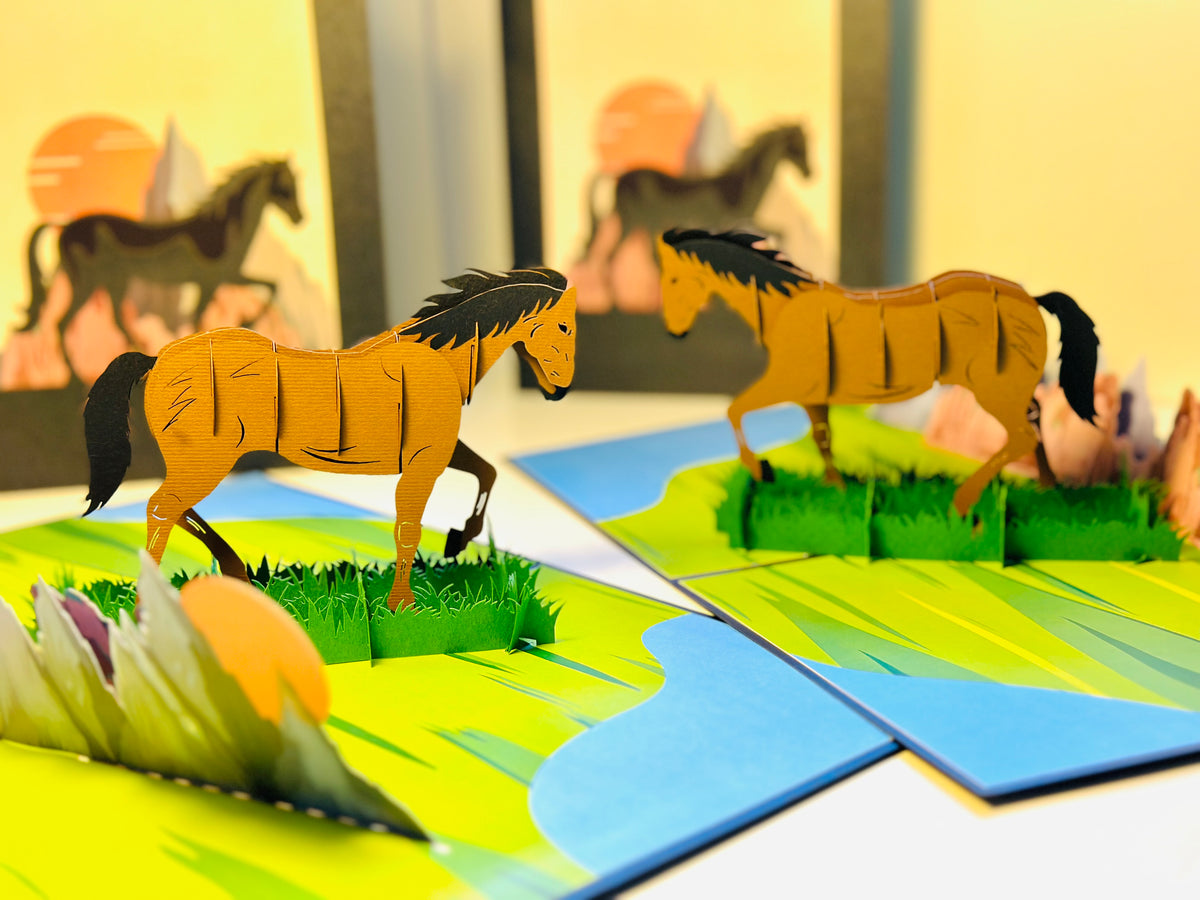 ZANE Spirit Dark Brown Horse Standing on a Green Field Origami Pop Cards 3D Pop Up Greeting Card Happy Birthday Thank You Handmade Gift Thinking of You Blank Card for Any Occasion Happy Mother's Day Happy Father's Australiana Celebrate the Beauty