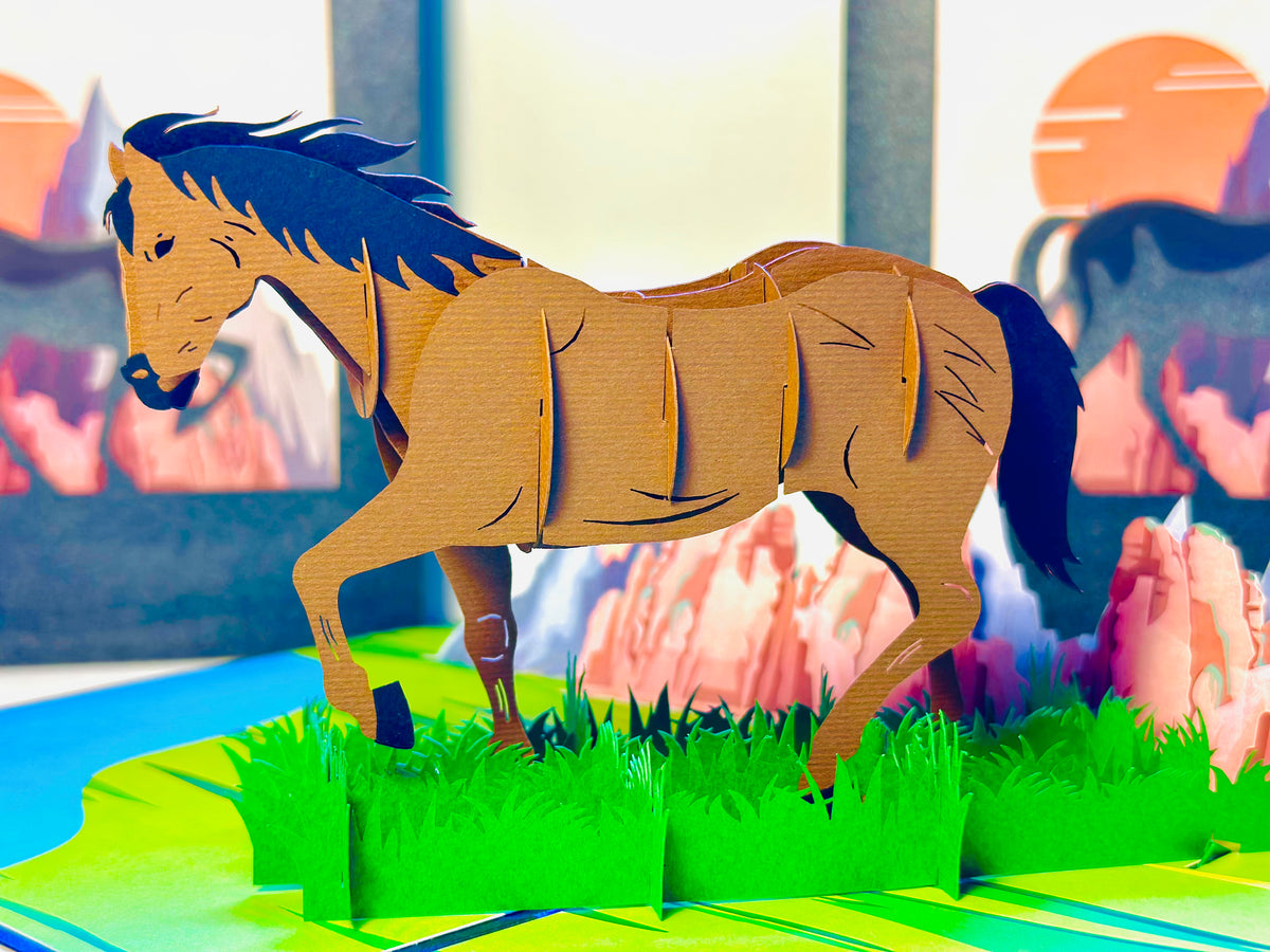 ZANE Spirit Dark Brown Horse Standing on a Green Field Origami Pop Cards 3D Pop Up Greeting Card Happy Birthday Thank You Handmade Gift Thinking of You Blank Card for Any Occasion Happy Mother's Day Happy Father's Australiana Celebrate the Beauty
