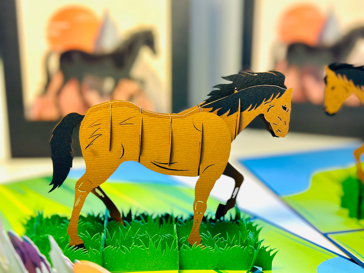 ZANE Spirit Dark Brown Horse Standing on a Green Field Origami Pop Cards 3D Pop Up Greeting Card Happy Birthday Thank You Handmade Gift Thinking of You Blank Card for Any Occasion Happy Mother's Day Happy Father's Australiana Celebrate the Beauty