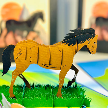 ZANE Spirit Dark Brown Horse Standing on a Green Field Origami Pop Cards 3D Pop Up Greeting Card Happy Birthday Thank You Handmade Gift Thinking of You Blank Card for Any Occasion Happy Mother's Day Happy Father's Australiana Celebrate the Beauty