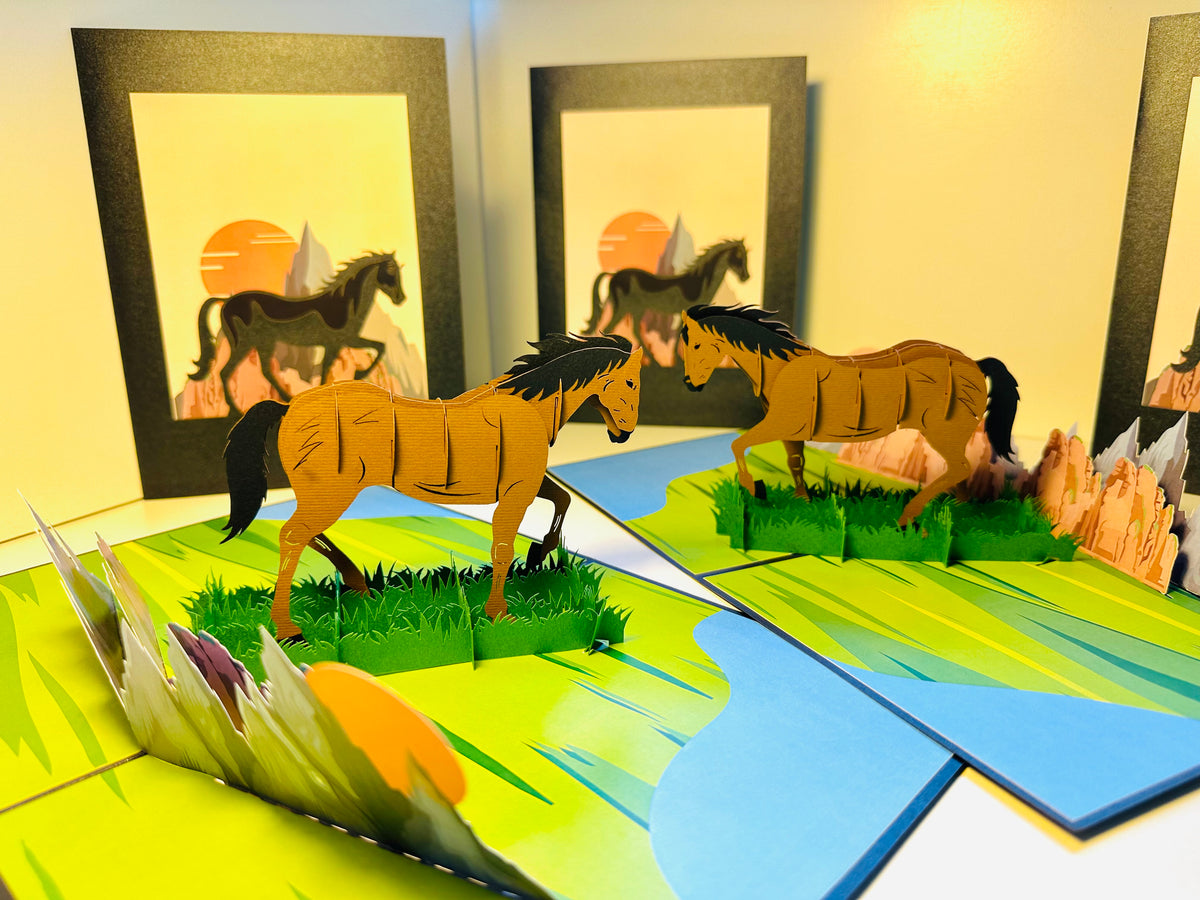 ZANE Spirit Dark Brown Horse Standing on a Green Field Origami Pop Cards 3D Pop Up Greeting Card Happy Birthday Thank You Handmade Gift Thinking of You Blank Card for Any Occasion Happy Mother's Day Happy Father's Australiana Celebrate the Beauty