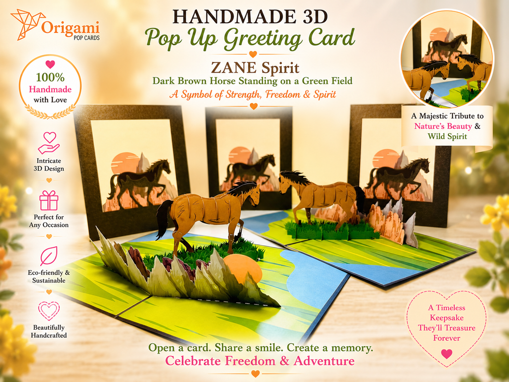 ZANE Spirit Dark Brown Horse Standing on a Green Field Origami Pop Cards 3D Pop Up Greeting Card Happy Birthday Thank You Handmade Gift Thinking of You Blank Card for Any Occasion Happy Mother's Day Happy Father's Australiana Celebrate the Beauty