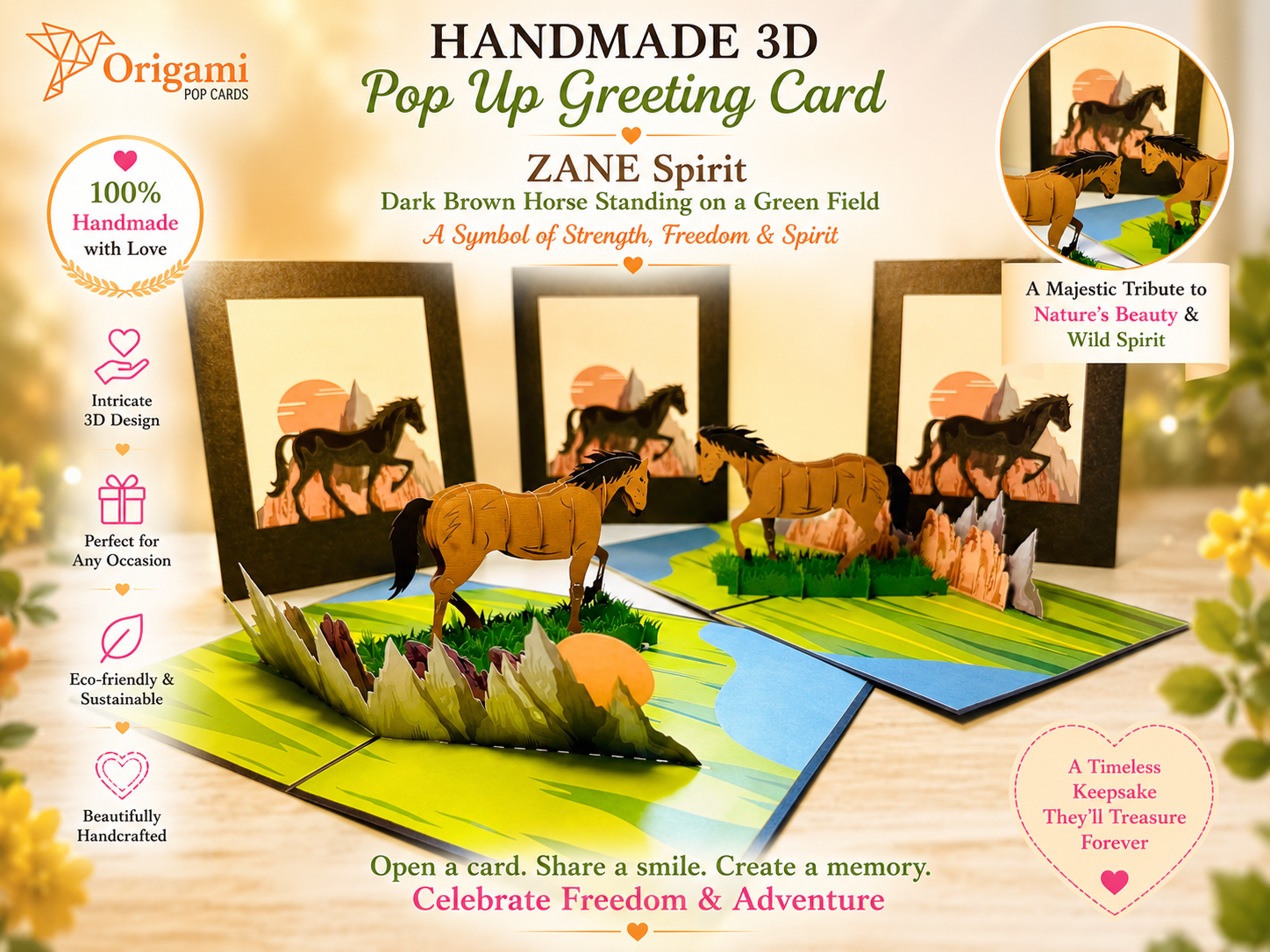 ZANE Spirit Dark Brown Horse Standing on a Green Field Origami Pop Cards 3D Pop Up Greeting Card Happy Birthday Thank You Handmade Gift Thinking of You Blank Card for Any Occasion Happy Mother's Day Happy Father's Australiana Celebrate the Beauty