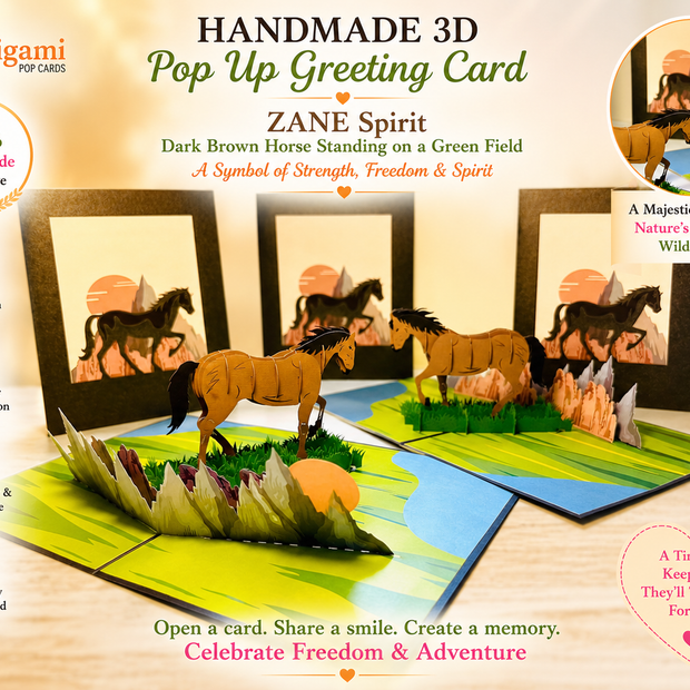 ZANE Spirit Dark Brown Horse Standing on a Green Field Origami Pop Cards 3D Pop Up Greeting Card Happy Birthday Thank You Handmade Gift Thinking of You Blank Card for Any Occasion Happy Mother's Day Happy Father's Australiana Celebrate the Beauty