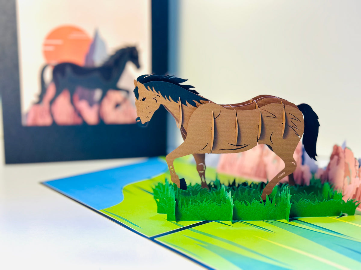 ZANE Spirit Dark Brown Horse Standing on a Green Field Origami Pop Cards 3D Pop Up Greeting Card Happy Birthday Thank You Handmade Gift Thinking of You Blank Card for Any Occasion Happy Mother's Day Happy Father's Australiana Celebrate the Beauty