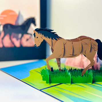 ZANE Spirit Dark Brown Horse Standing on a Green Field Origami Pop Cards 3D Pop Up Greeting Card Happy Birthday Thank You Handmade Gift Thinking of You Blank Card for Any Occasion Happy Mother's Day Happy Father's Australiana Celebrate the Beauty
