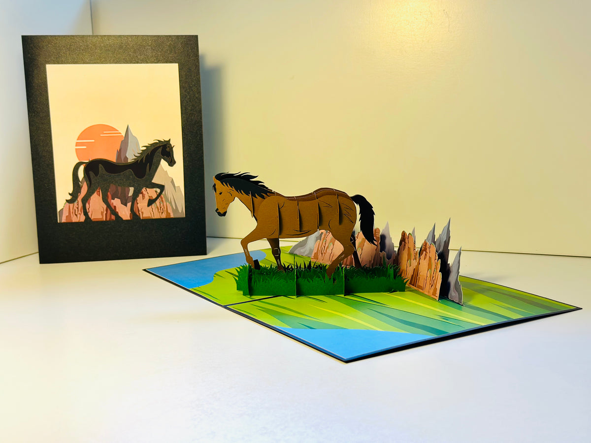 ZANE Spirit Dark Brown Horse Standing on a Green Field Origami Pop Cards 3D Pop Up Greeting Card Happy Birthday Thank You Handmade Gift Thinking of You Blank Card for Any Occasion Happy Mother's Day Happy Father's Australiana Celebrate the Beauty