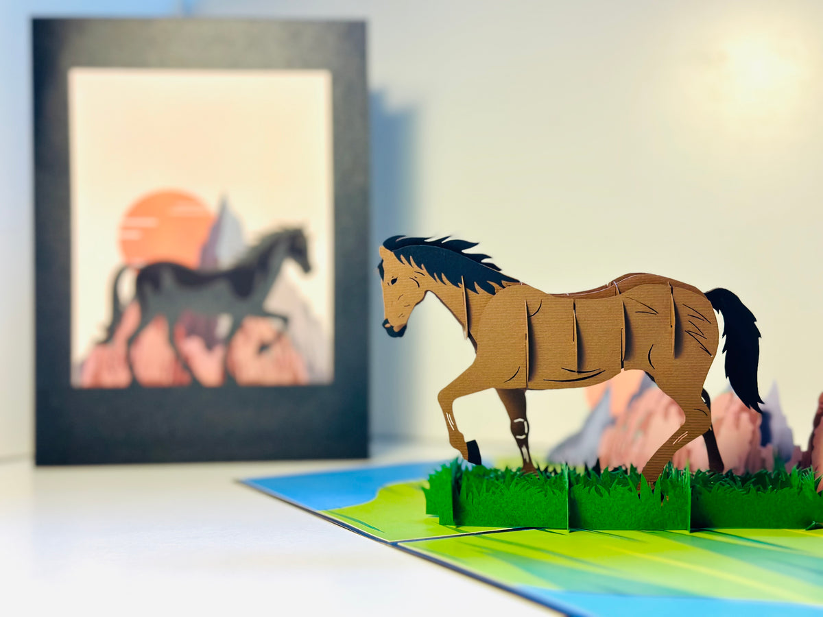 ZANE Spirit Dark Brown Horse Standing on a Green Field Origami Pop Cards 3D Pop Up Greeting Card Happy Birthday Thank You Handmade Gift Thinking of You Blank Card for Any Occasion Happy Mother's Day Happy Father's Australiana Celebrate the Beauty