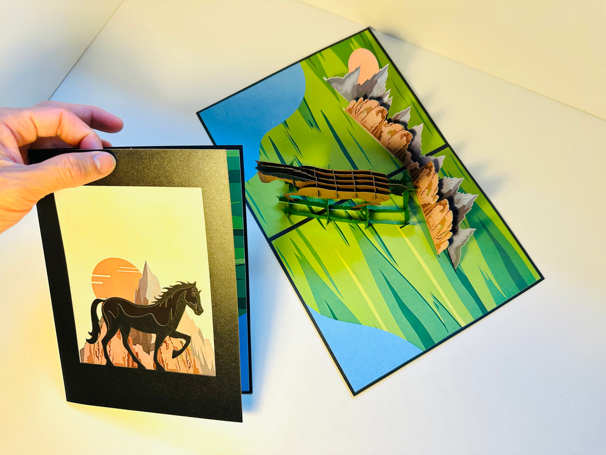 ZANE Spirit Dark Brown Horse Standing on a Green Field Origami Pop Cards 3D Pop Up Greeting Card Happy Birthday Thank You Handmade Gift Thinking of You Blank Card for Any Occasion Happy Mother's Day Happy Father's Australiana Celebrate the Beauty