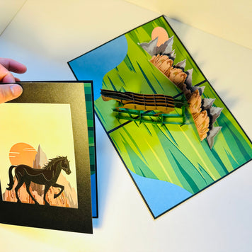 ZANE Spirit Dark Brown Horse Standing on a Green Field Origami Pop Cards 3D Pop Up Greeting Card Happy Birthday Thank You Handmade Gift Thinking of You Blank Card for Any Occasion Happy Mother's Day Happy Father's Australiana Celebrate the Beauty