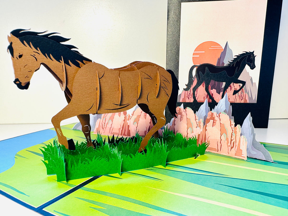 ZANE Spirit Dark Brown Horse Standing on a Green Field Origami Pop Cards 3D Pop Up Greeting Card Happy Birthday Thank You Handmade Gift Thinking of You Blank Card for Any Occasion Happy Mother's Day Happy Father's Australiana Celebrate the Beauty