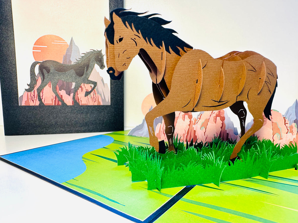 ZANE Spirit Dark Brown Horse Standing on a Green Field Origami Pop Cards 3D Pop Up Greeting Card Happy Birthday Thank You Handmade Gift Thinking of You Blank Card for Any Occasion Happy Mother's Day Happy Father's Australiana Celebrate the Beauty